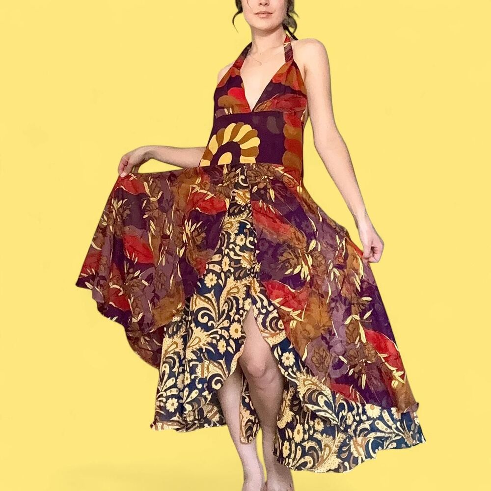 Boho patchwork halter dress with layered ruffle skirt 🌻